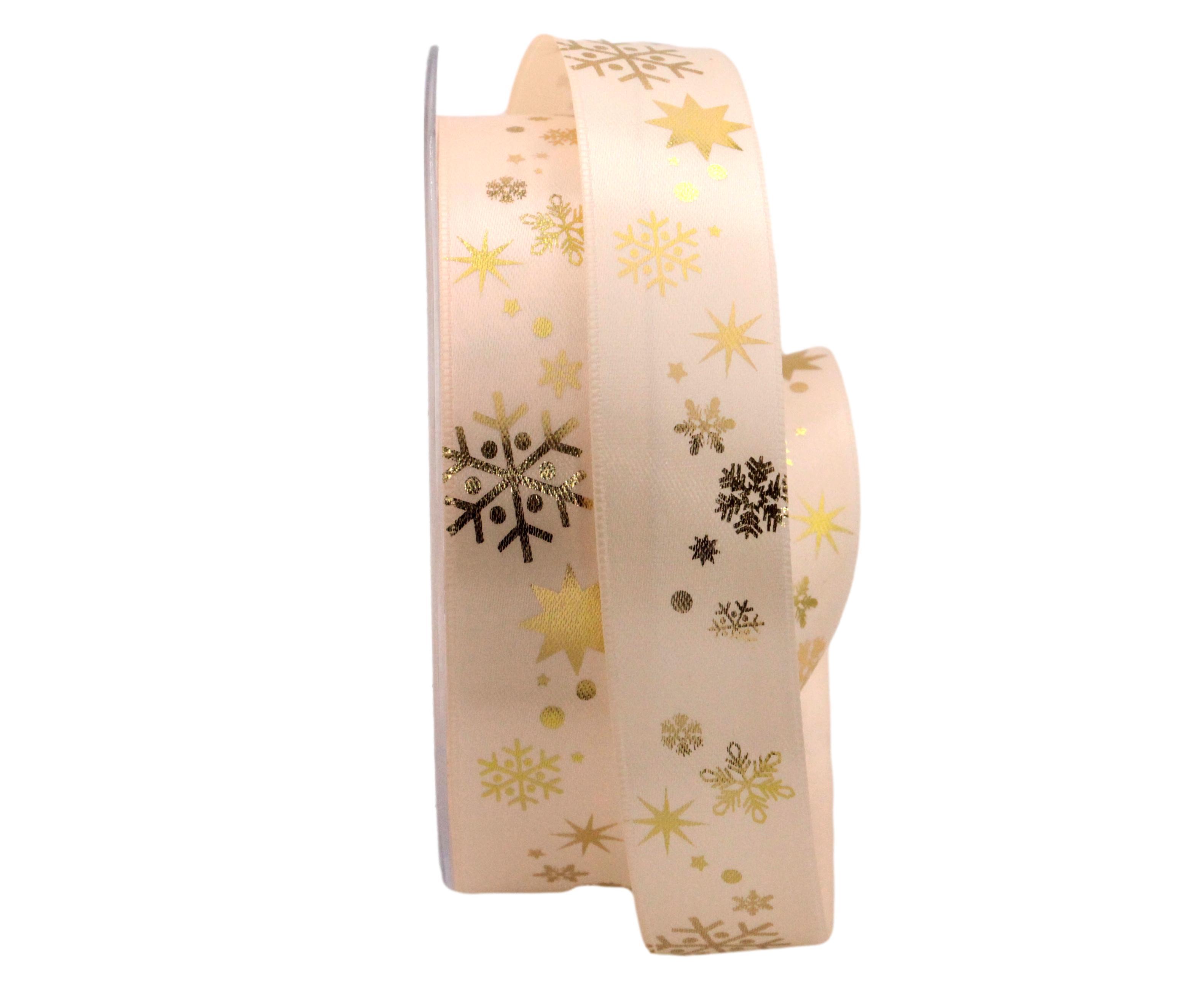 Weihnachtsband Schneeflocken creme / gold 25mm ohne Draht