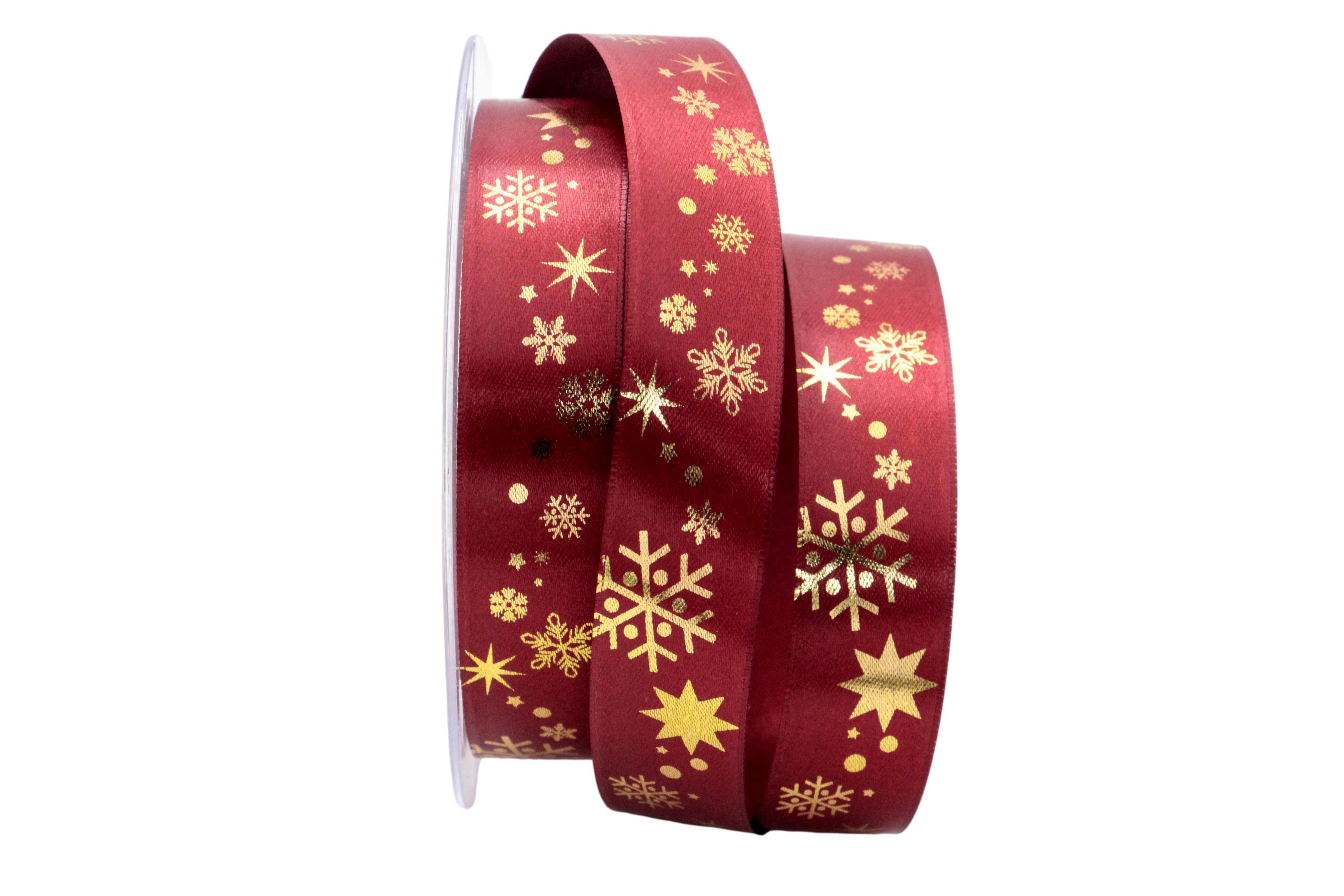 Weihnachtsband Schneeflocken bordeaux / gold 25mm ohne Draht