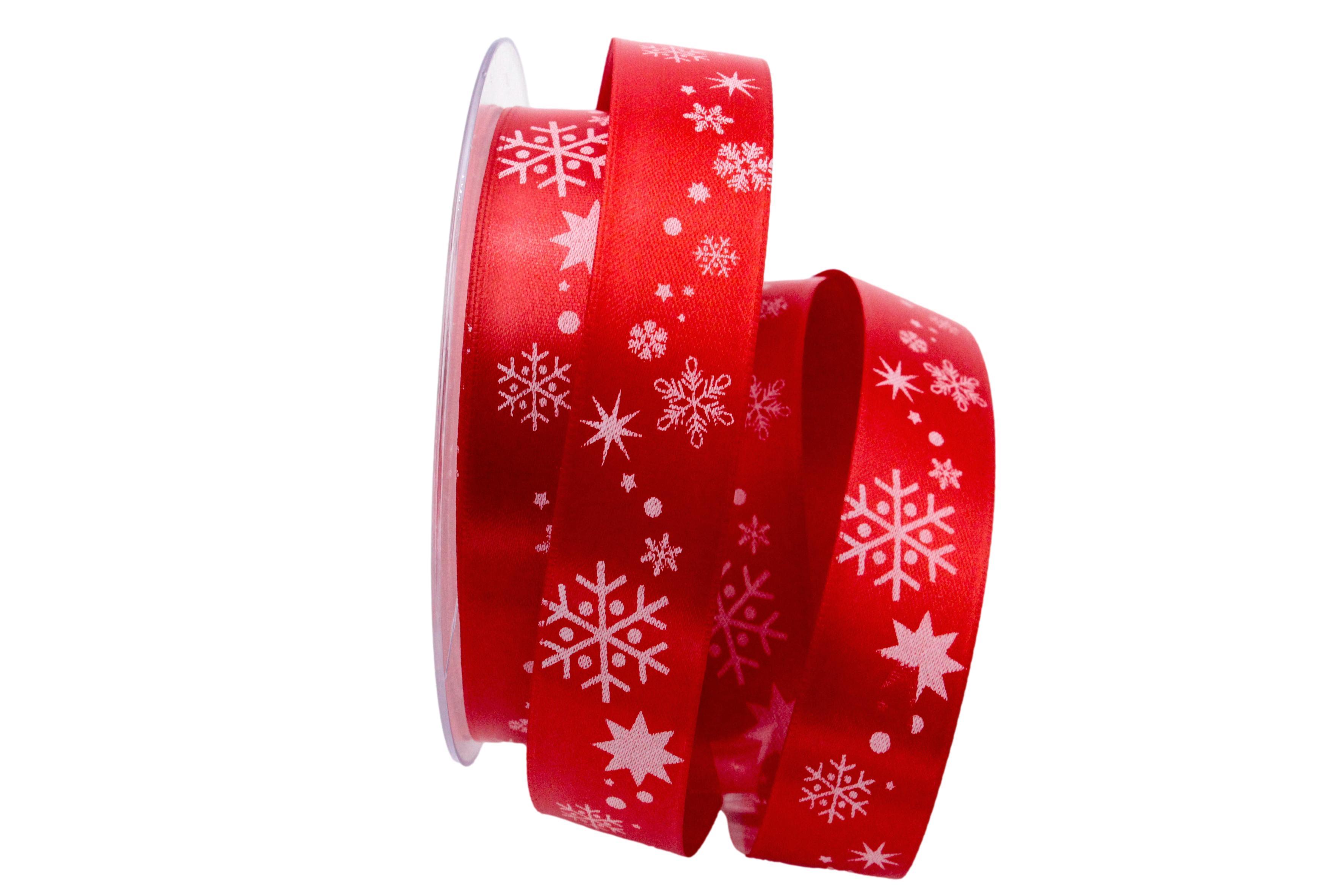 Weihnachtsband Schneeflocken rot / weiß 25mm ohne Draht