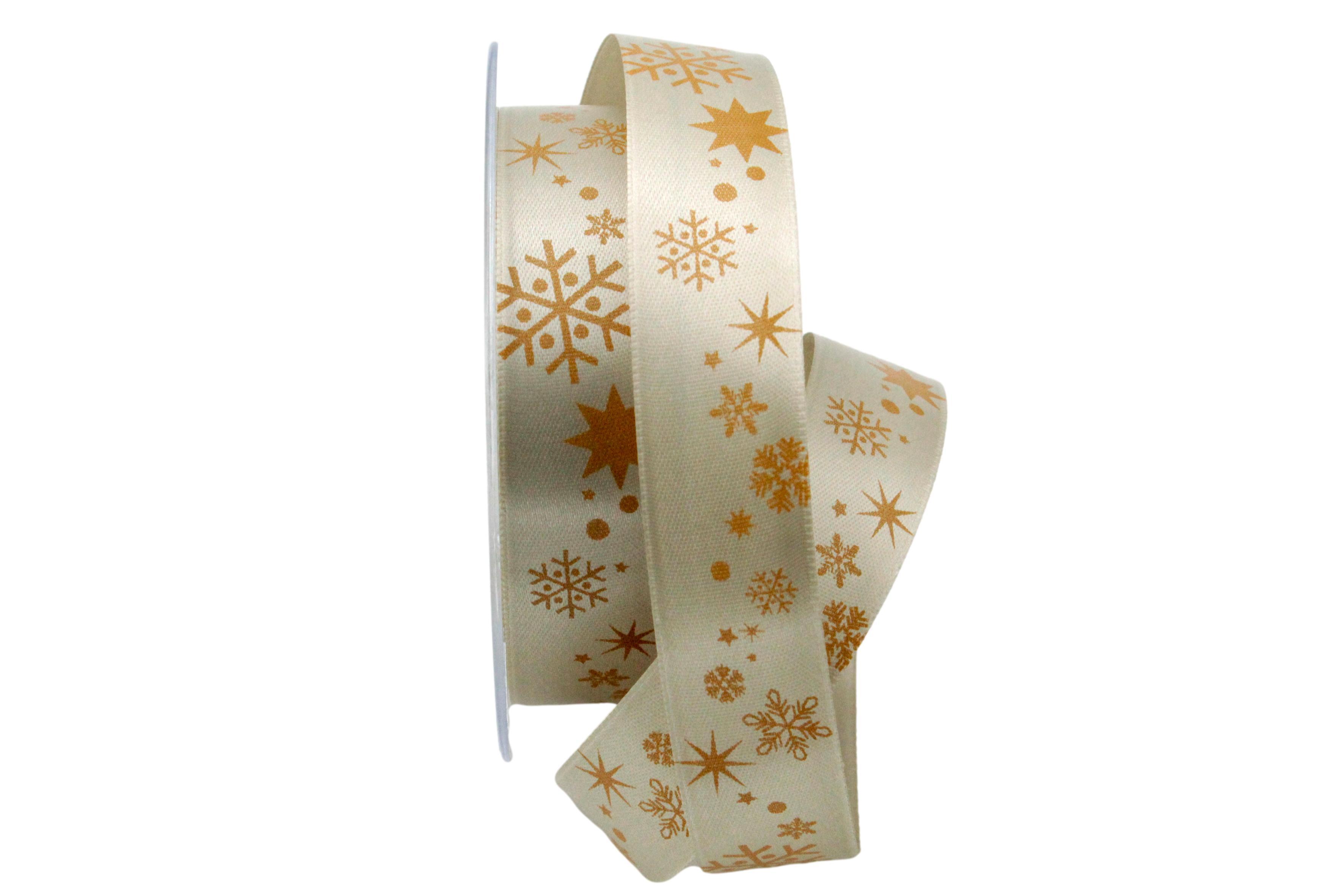 Weihnachtsband Schneeflocken toffee / curry 25mm ohne Draht