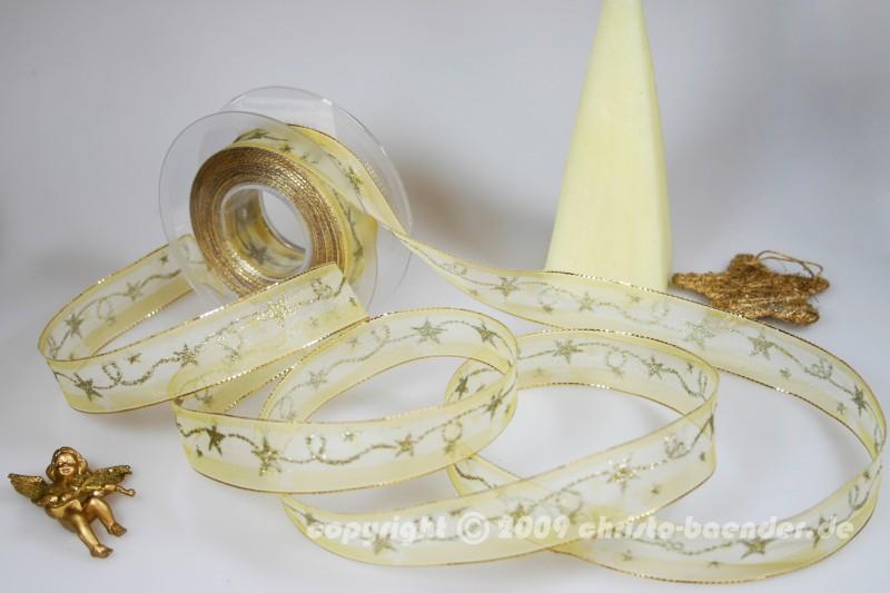 Weihnachtsband Kordelstern Creme mit Draht 25mm