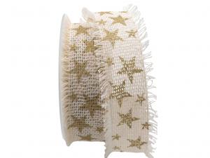 Geschenkband Dekoband Schleifenband Baumwollband große Sterne 45mm creme /gold ohne Draht