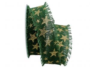 Baumwollband große Sterne 45mm grün /gold ohne Draht