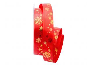 Weihnachtsband Schneeflocken rot / gold 25mm ohne Draht