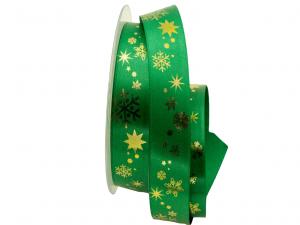 Weihnachtsband Schneeflocken grün / gold 25mm ohne Draht