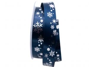 Weihnachtsband Schneeflocken blau / silber 25mm ohne Draht