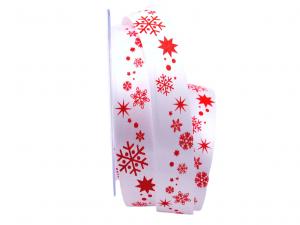 Geschenkband Dekoband Schleifenband Weihnachtsband Schneeflocken weiß / rot 25mm ohne Draht