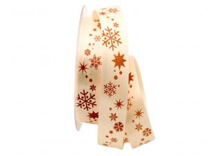 Geschenkband Dekoband Schleifenband Weihnachtsband Schneeflocken creme / braun 25mm ohne Draht