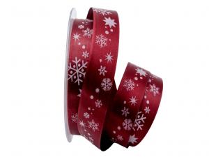 Weihnachtsband Schneeflocken bordeaux / weiß 25mm ohne Draht - Geschenkband günstig online kaufen!