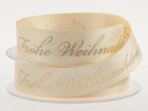 Weihnachtsband Frohe Weihnachten Creme 25 mm ohne Draht