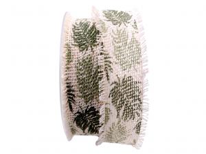 Baumwollband Blätter 45mm creme / grün ohne Draht