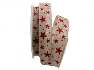 Geschenkband Dekoband Schleifenband Baumwollband Sternenhimmel natur / rot 25mm ohne Draht