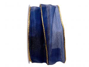 Geschenkband Dekoband Schleifenband Organzaand Goldkante dunkelblau 40mm mit Draht