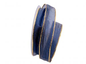 Geschenkband Dekoband Schleifenband Organzaband Goldkante dunkelblau 25mm mit Draht