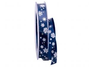 Weihnachtsband Schneeflocken blau / silber 15mm ohne Draht