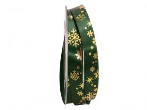 Weihnachtsband Schneeflocken grün / gold 15mm ohne Draht