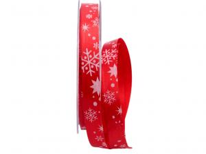 Weihnachtsband Schneeflocken rot / weiß 15mm ohne Draht