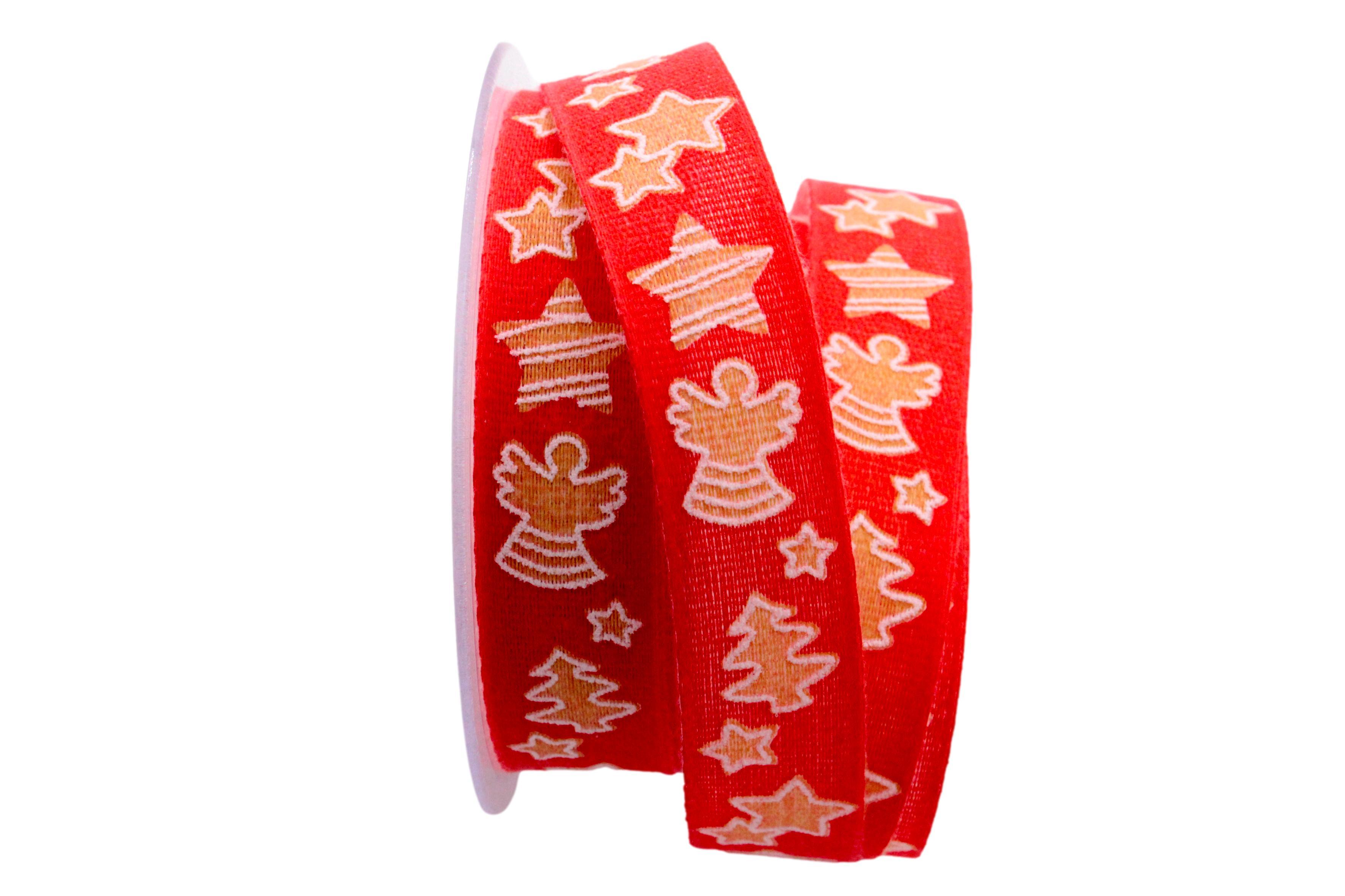 Weihnachsband Lebkuchen rot 25mm ohne Draht