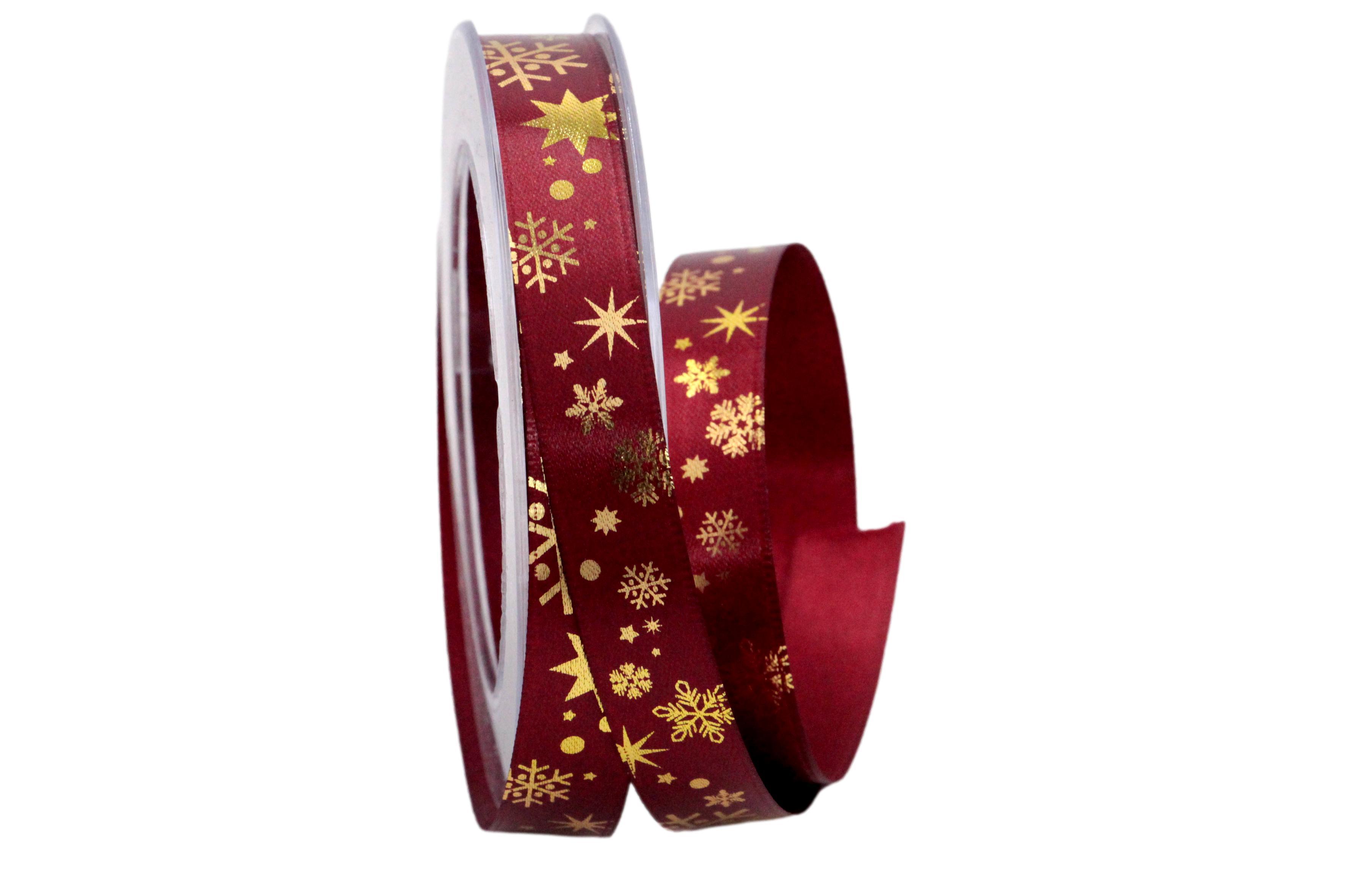 Weihnachtsband Schneeflocken bordeaux / gold 15mm ohne Draht