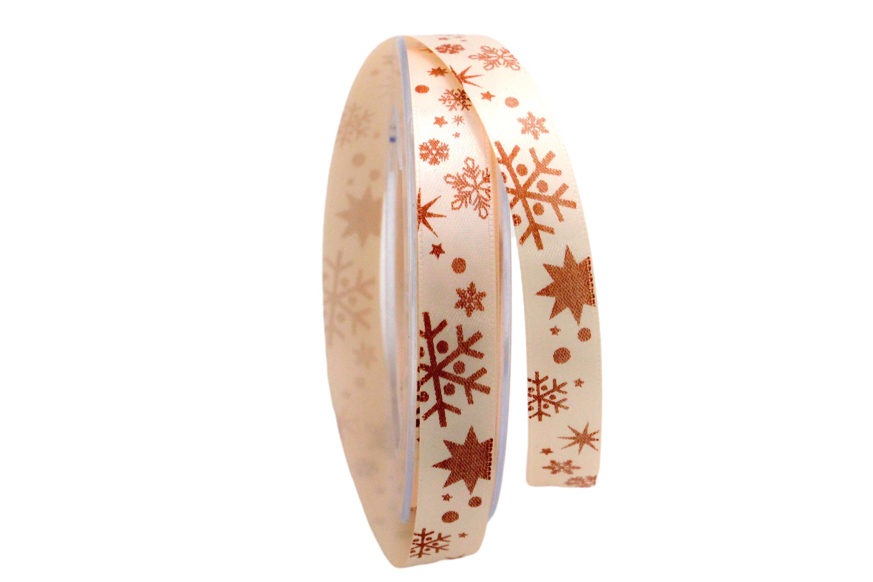 Weihnachtsband Schneeflocken creme / braun 15mm ohne Draht