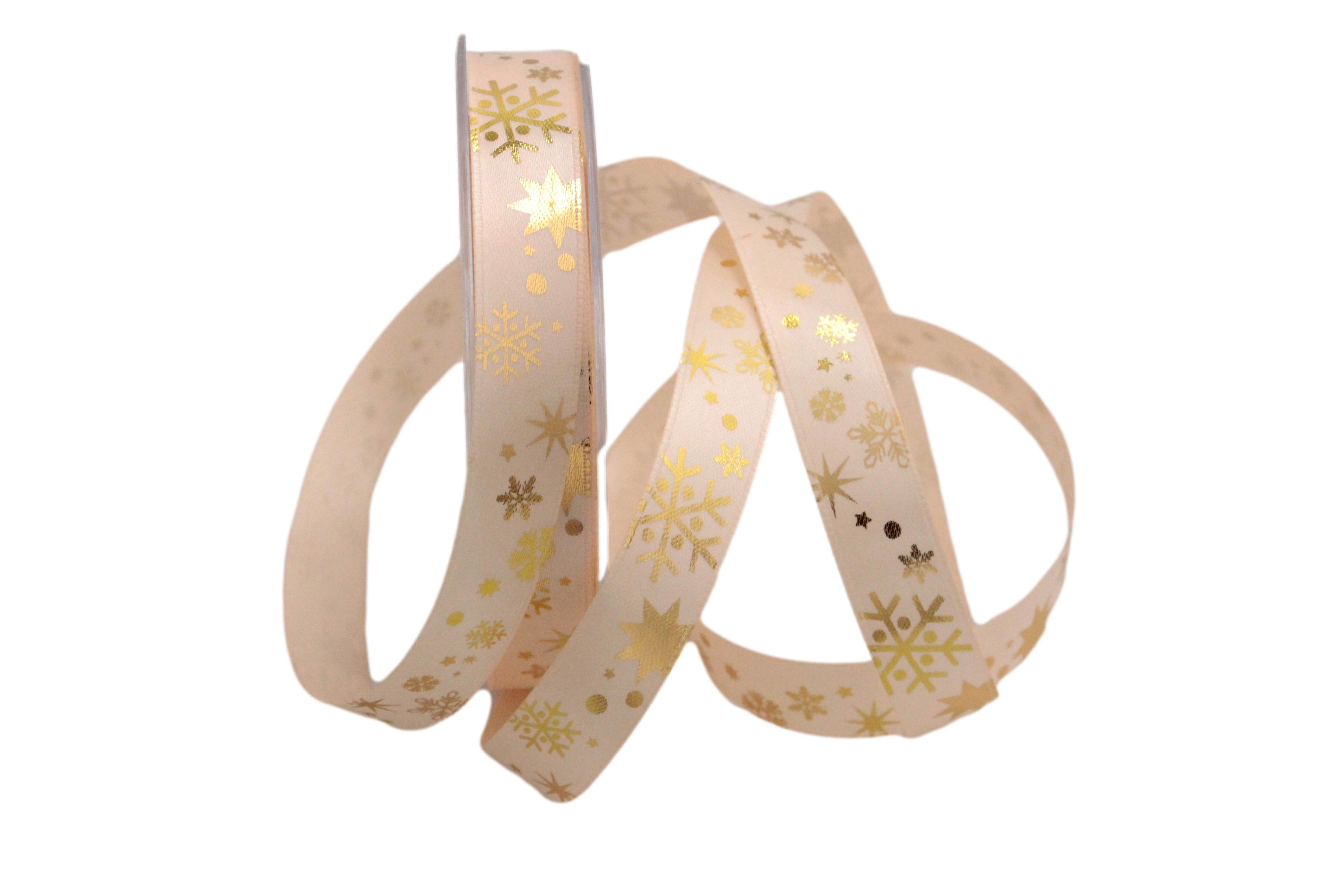 Weihnachtsband Schneeflocken creme / gold 15mm ohne Draht