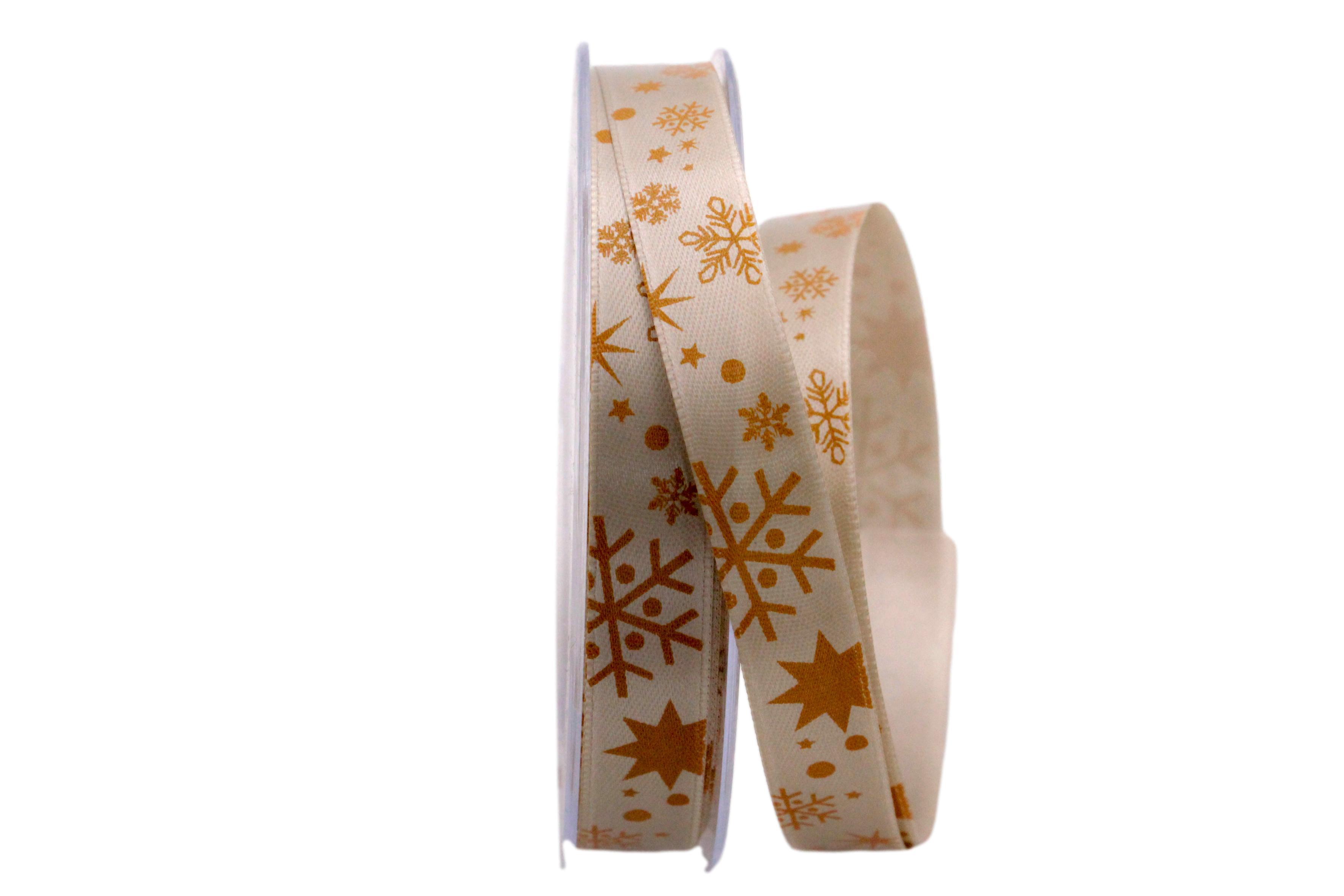 Weihnachtsband Schneeflocken toffee / curry 15mm ohne Draht